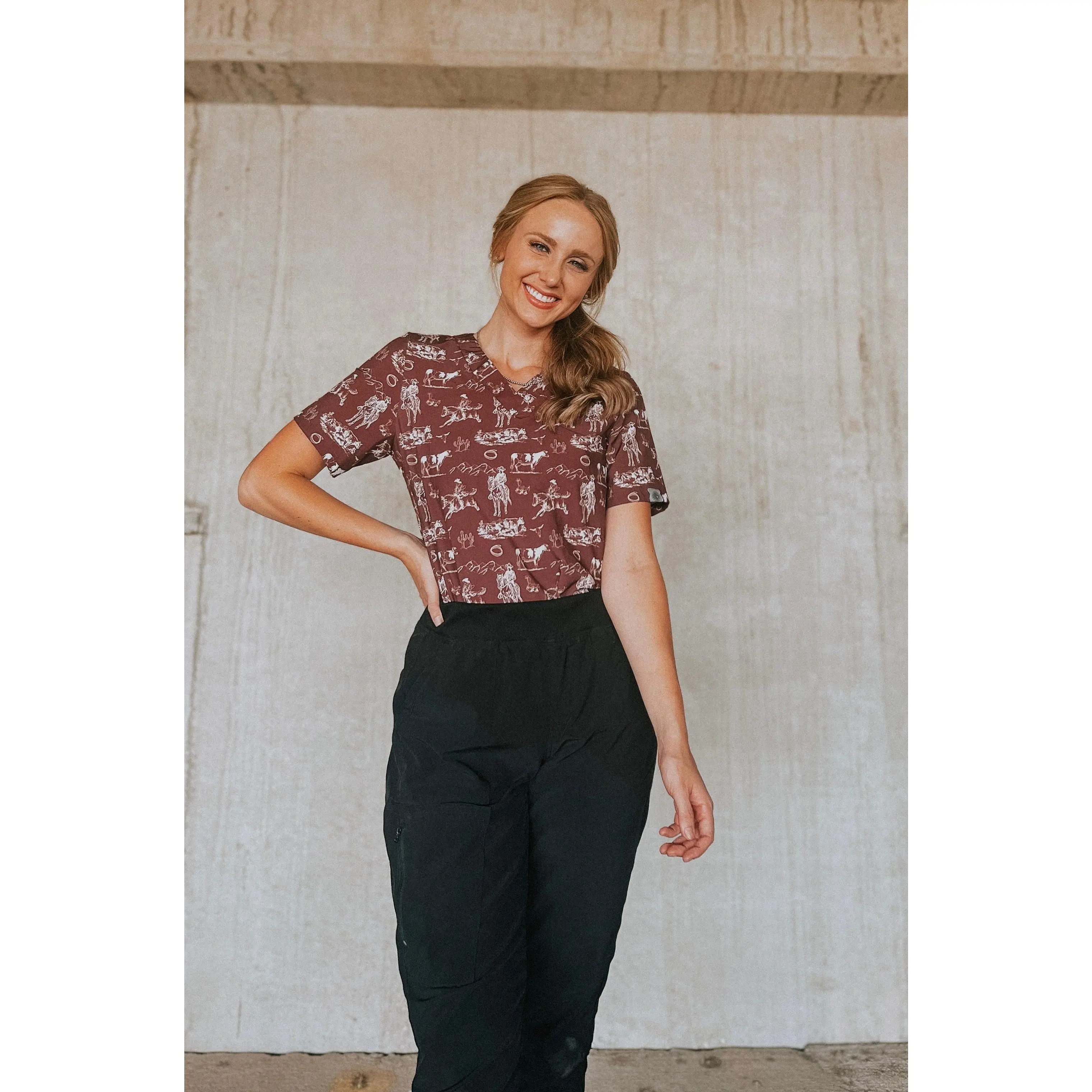Wine Old West Scrub Top