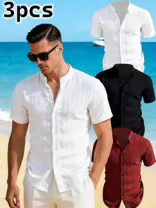 Men's Summer Short Sleeve Shirts Set, Lightweight Breathable Solid Color Button Casual Shirts, Stand Collar, Beach Vacation Pool Party