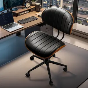 CAODOC Armless-Office Desk Chair with Wheels: PU Leather Cross Legged Wide Chair,Comfortable Adjustable Swivel Task Chairs for Home,Office,Make Up,Small Space,Bed Room