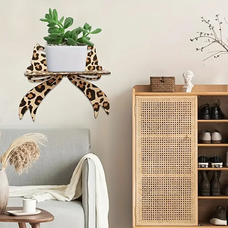 Leopard Print Bow Wall Shelf Unit, Wooden Crystal Display Stand, Decorative Hanging Jewelry Rack for Bedroom Living Room Vanity, Wall Mounted Organizer, Room Accessories