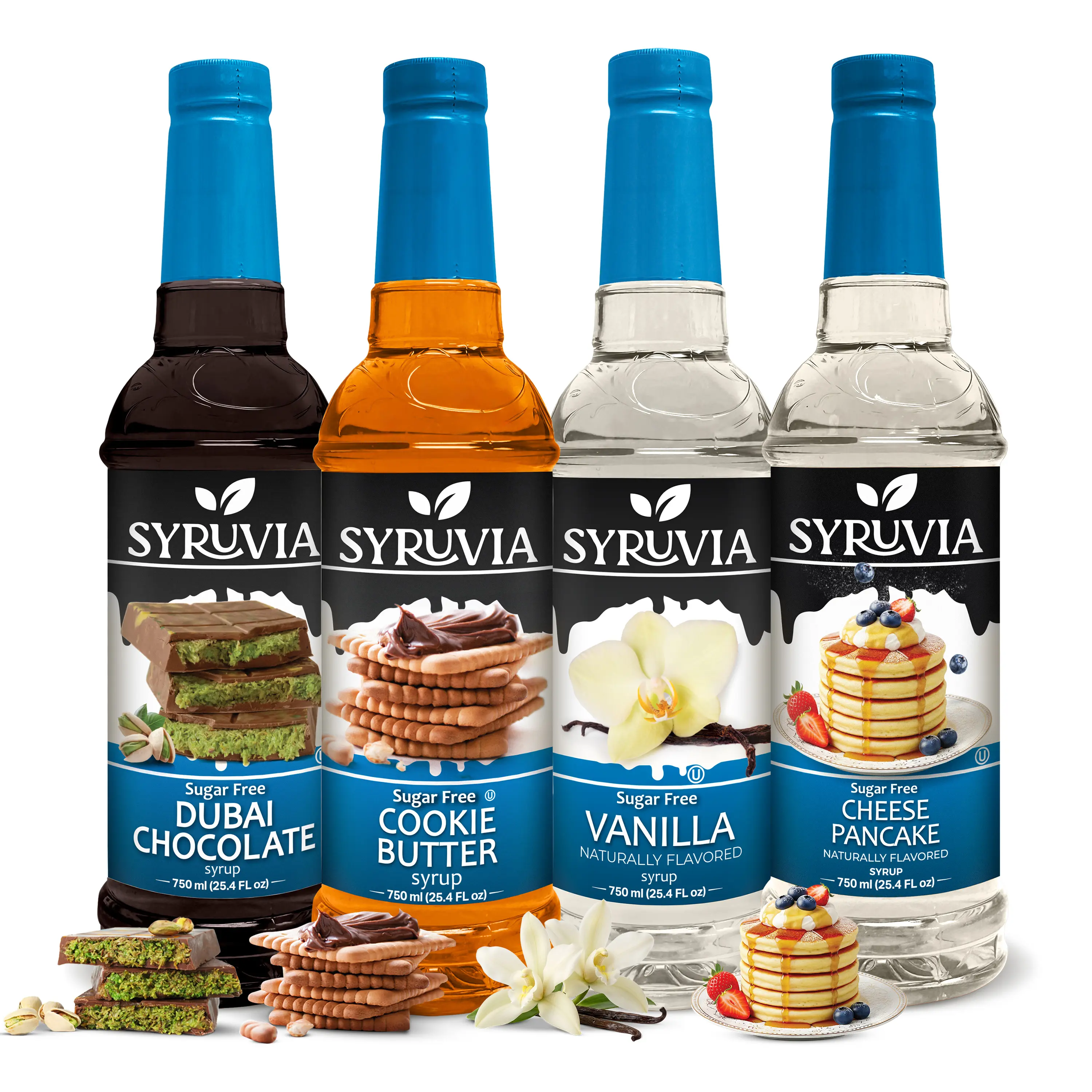 Syruvia Sugar Free Coffee Syrup Variety Pack - 4-Pack Gluten-Free Kosher Chocolate Syrups & Concentrates (Dubai Chocolate, Cookie Butter, Vanilla, Cheese Pancake) - 25.4 fl oz/750ml for Coffee, Lattes