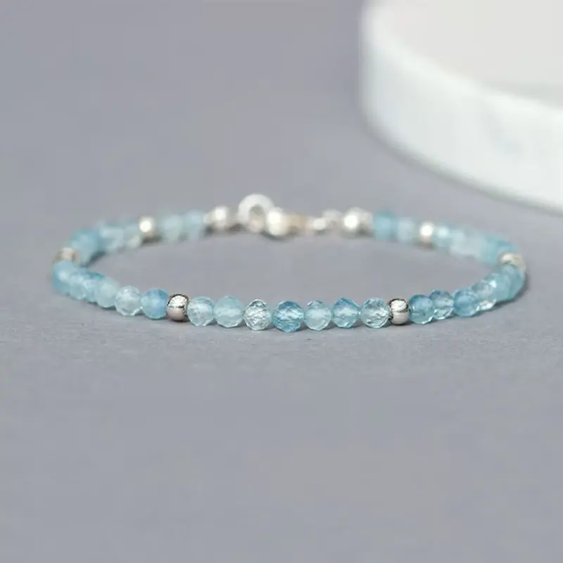 Natural Unique Gemstone Crystal Bracelet - 3mm Blue Topaz Stone Bead Bracelet for Sincere, Persistent Individuals - Collectibles Perfect Happy Birthday Gift