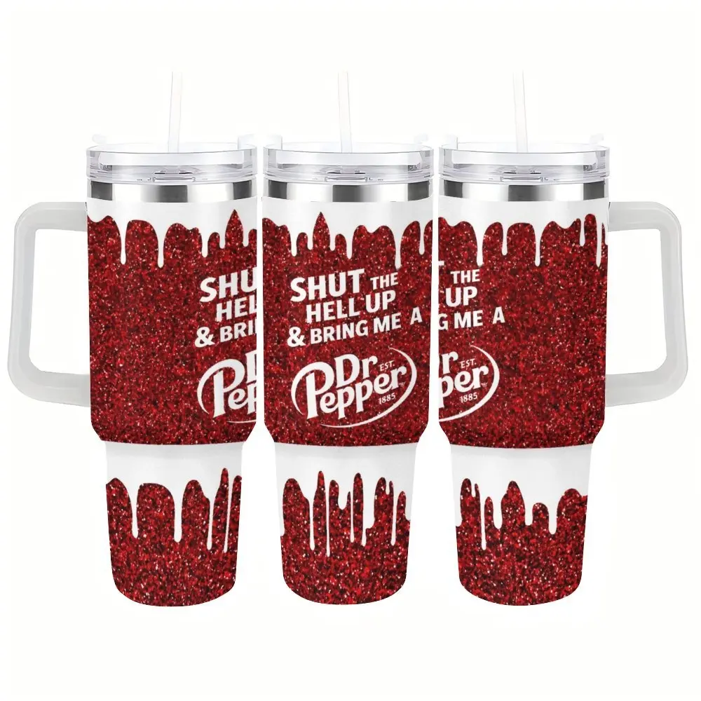 Dr Pepper Tumbler, 40oz Tumbler, Paint Drip Design, Christmas Gift, 40oz Stainless Steel, Tumbler with Handle, Glitter Design, Funny