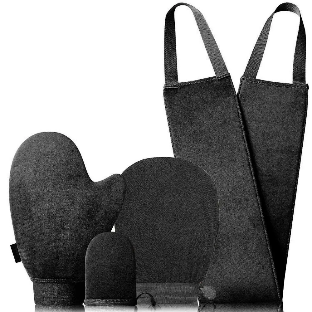 Black Self Tanning Mitt Applicator Kit - 4 in 1 Set with Exfoliating Glove, Tan Mitt Applicator, Tanning Back Lotion Applicators, Spray & Mousse Bath Personal