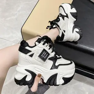 Women’s High Platform Sneakers Wedges Heels Thick Sole Leather Black Chunky Sneakers Lace-Up Height Increase Shoes Ladies