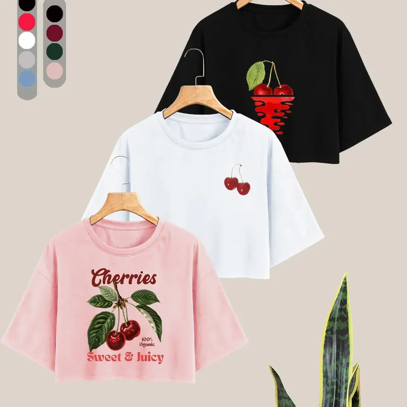 Women's Cherry & Letter Print Round Neck Tee, Casual Short Sleeve Crew Neck T-shirt for Daily Wear, Ladies Clothes for All Seasons, Casual Everyday Tops