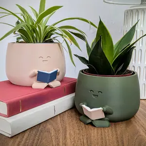 Cozy Planter Reading, Cute Book Plant Pot, Indoor Succulent Pots, Christmas Gift for Her, Unique Flower Vase Decor, Drainage Tray, Book Club