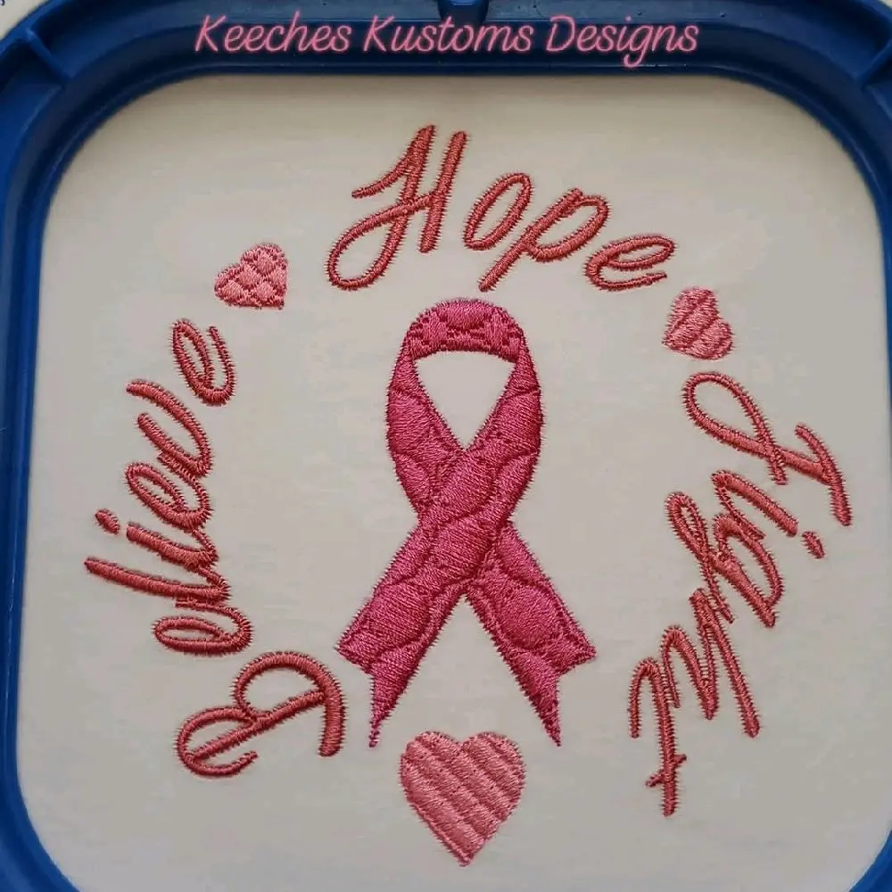 Keeches Kustoms Designs Breast Cancer Awareness Month Ribbon Embroidered Design Canvas with Hope Believe Faith