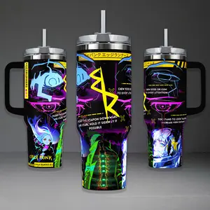Cyberpunk Edgerunners Graphic Tumbler, David and Lucy Night City 40oz Cup with Handle, Sandevistan Neon 20oz Stainless Steel Travel Mug, Anime Fan Gift, Edgerunners Inspired Insulated Tumbler Featuring Epic Glitch Art Design.