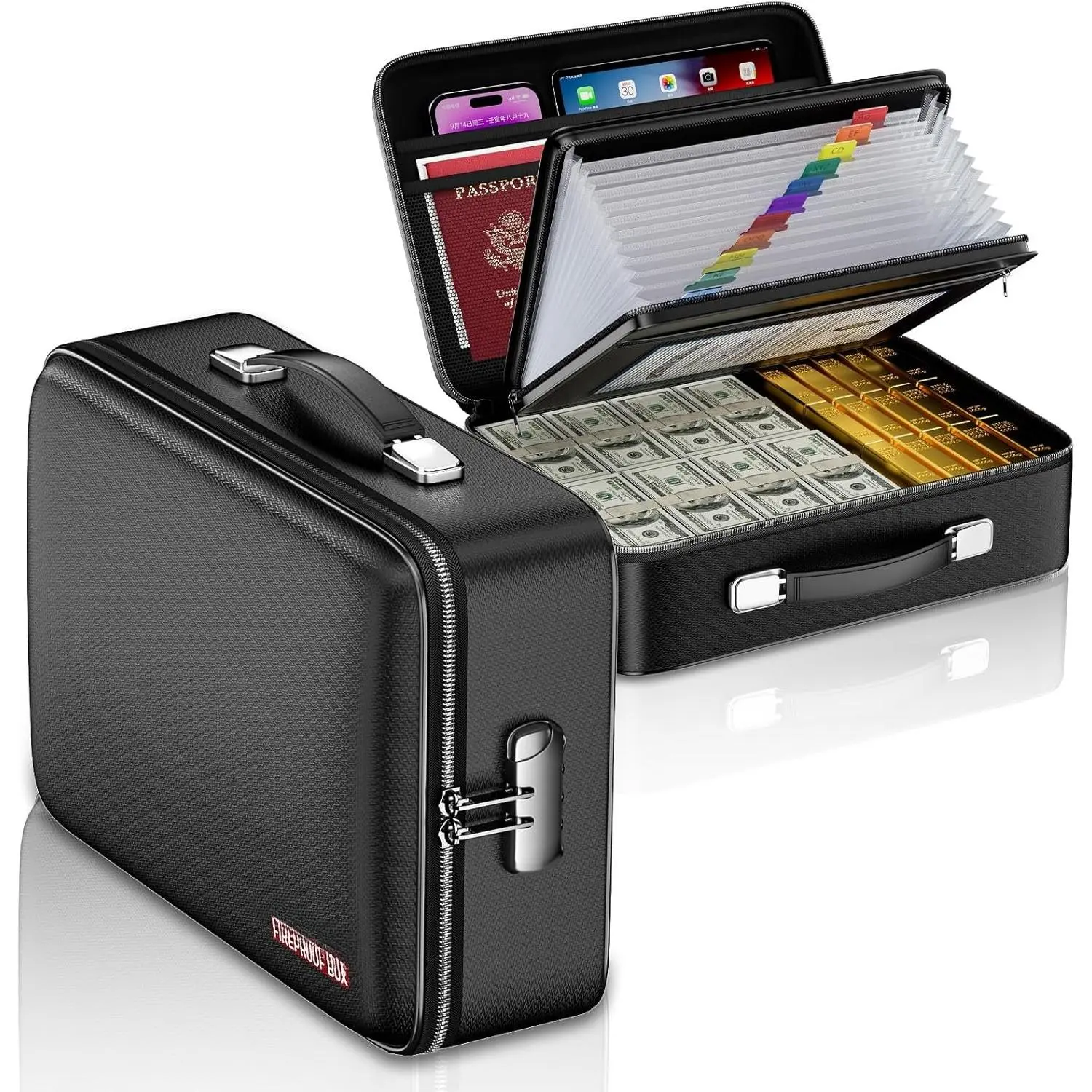 Fireproof File Organizer with Fireproof Zipper,Fireproof Document Box Hard Case with Lock,Portable Document Safe for Important Document Laptop Valuables(Black,15.8"x4.8"x12.6")