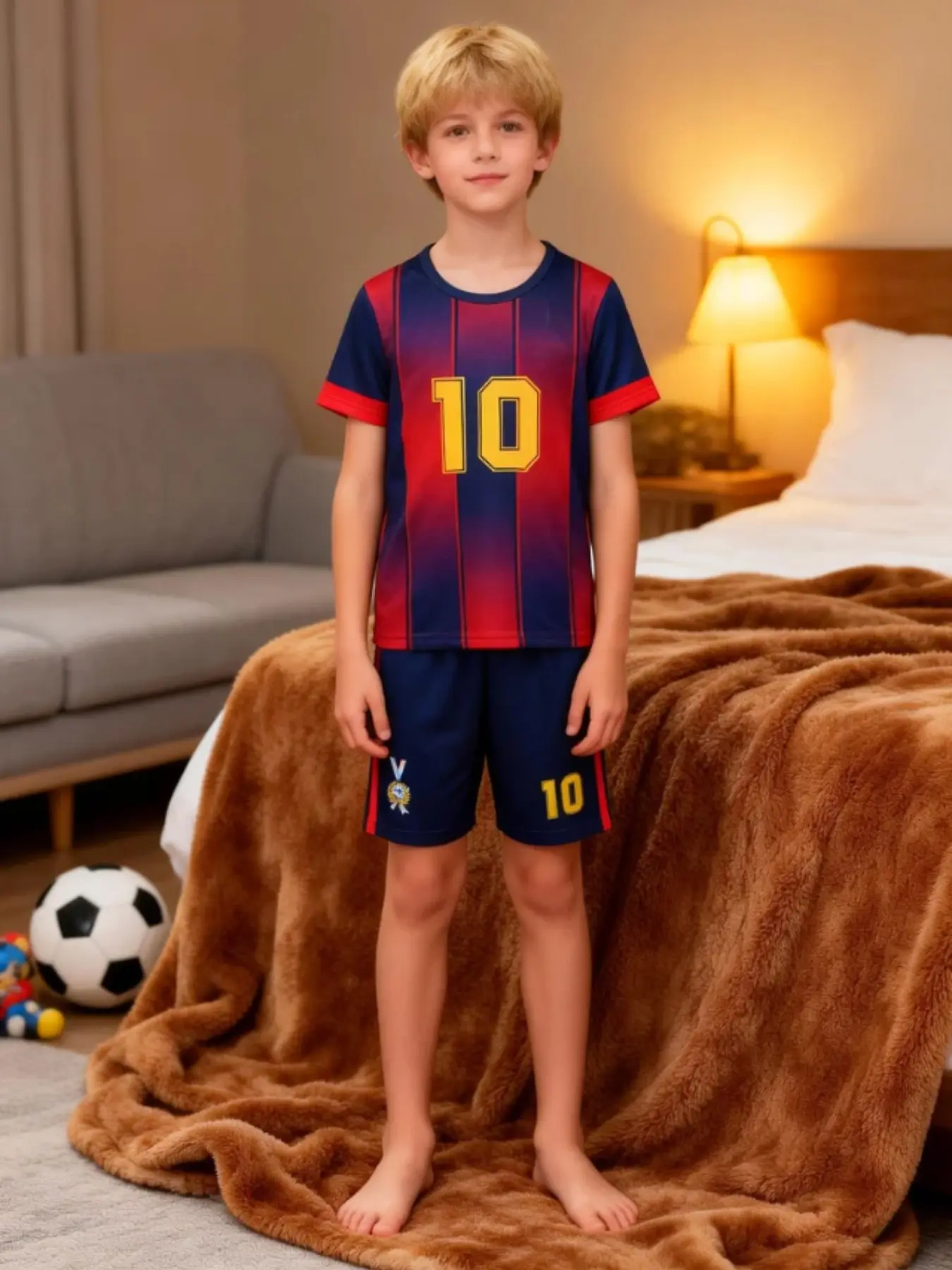 Boys' Short Sleeve Pajama Set, Pyjamas Set, Football Theme, Loose Fit, Elastic Waist Pajamas, Breathable Fabric, Comfortable Sleepwear for Kids, Casual Style