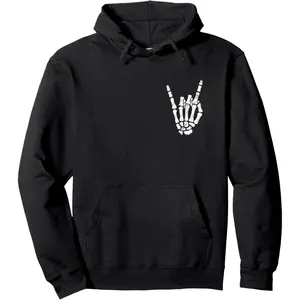 Men's Skeleton Rock N Roll Symbol Graphic Hoodie - Cotton Blend Black Long Sleeve Pullover Regular Fit |     Soft & Breathable Fabric, Durable Print, Everyday Comfort, Machine Washable, casual urban street Golf Gift T-Shirt For Men and Women