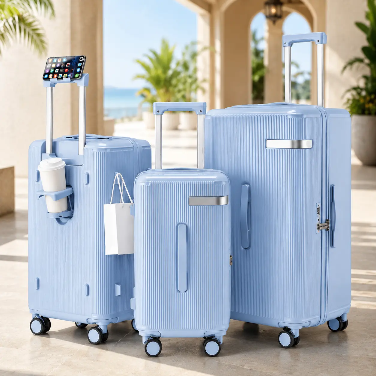 3 Piece Luggage Set, Hardside Suitcase Set with 20 24 28 Inch Carry On and Checked Luggage, Combination Lock, Phone Holder, Cup Holder, Side Hook