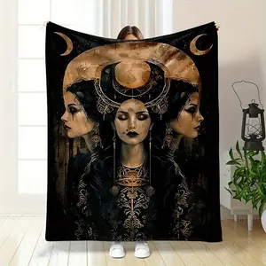 Hecate Triple Goddess Print Flannel Throw Blanket - Contemporary Reversible All-Season Polyester Throw for Office Nap, Home, Gift - Cartoon Themed Non-Woven Fabric