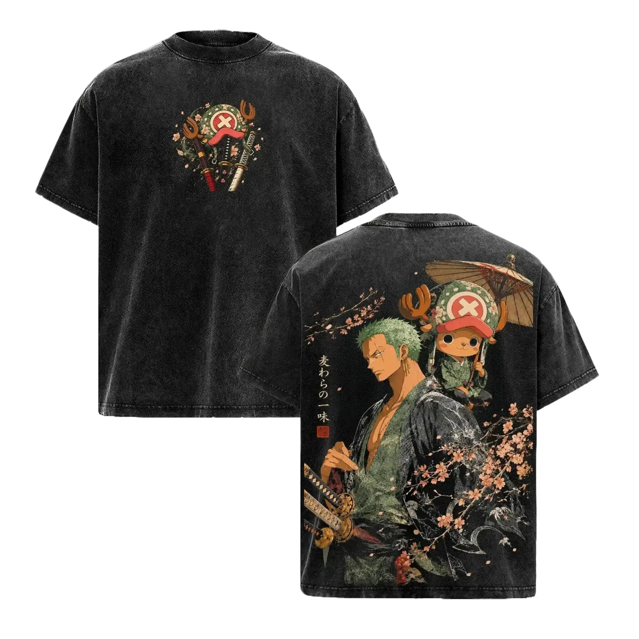 Zoro & Chopper Vintage Acid Wash Graphic Tee Heavyweight Cotton Oversized Anime Shirt For Men Women Y2K Japanese Streetwear Wano Country Straw Hat Pirates Double Sided Manga Otaku Gamer Gifts Trendy Gym Pump Cover Tops Apparel Casual Fit Street Styles Cre