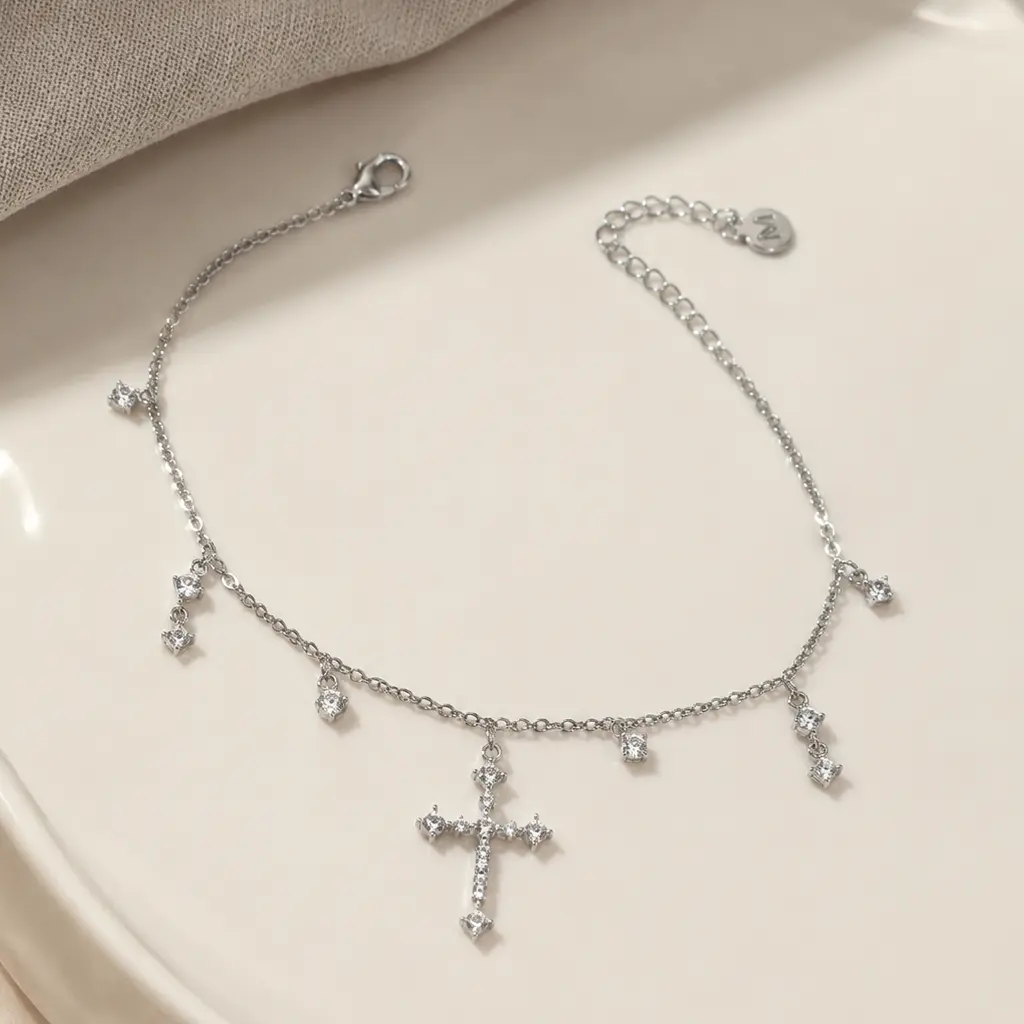 Silver-Tone 6A CZ Cross Charm Anklet, Icy Fire Sparkle, Delicate Layered Shine