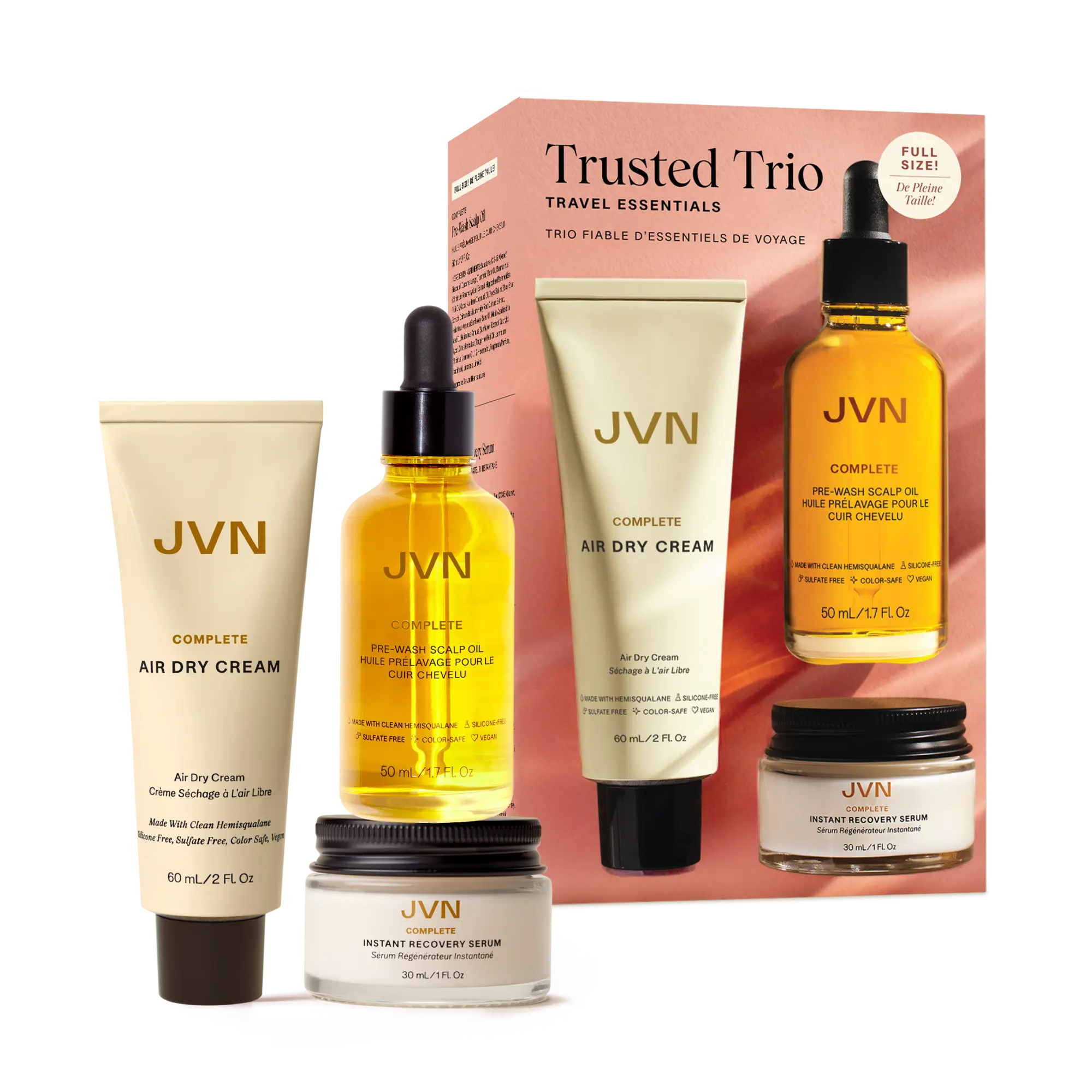 JVN Trusted Trio Travel Essentials - 3-Piece Hair Care Set with Air Dry Cream, Heat Protectant Serum, & Full Size Scalp Oil - Frizz Control & Strength for All Hair Types