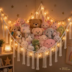 Large Handwoven Cotton Stuffed Animal Hammock with Free Star Lights, Wooden Rings, Boho Hanging Storage - House & Wall Decoration for Kids’ Nursery Bedroom, Mesh Animal Toy Organizer (Home Supplies)
