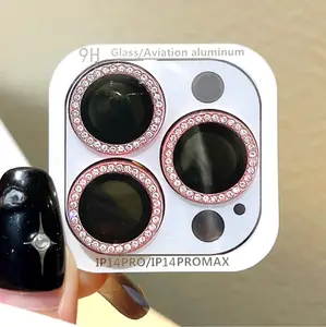 Bling Dazzling Mobile Phone Camera Lens Glass Protector Film for IPhone 15 14 13 12 11 Pro Max Plus Mini Crystal Diamond Decoration Metal Ring Flash scratches, bumps and drops Anti-Drop  Protection Protective Cover Transparent