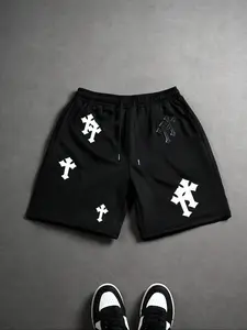 Men's Summer Casual Loose-Fit Shorts, Graphic Print Cross Pattern, Breathable & Versatile Five-Quarter Pants for Sports & Daily Wear, Breathable Printed Shorts, Casual Sporty Shorts