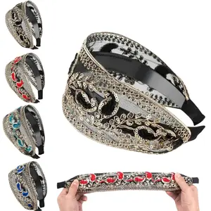 Luxury Floral Embroidered Headband for Women - Sparkly Rhinestone Hair Accessory with Non-Slip Grip, Elegant Wide Headwrap Turban for Weddings, Parties, Special Occasions