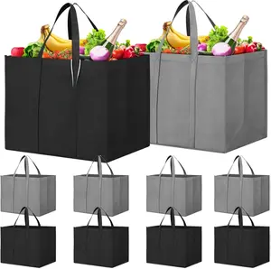 Reusable Grocery Shopping Bags 10 Pack Large Foldable Tote Bags Bulk, Eco Produce Bags with Long Handle for Shopping Groceries Clothes (Grey&Black) Durable