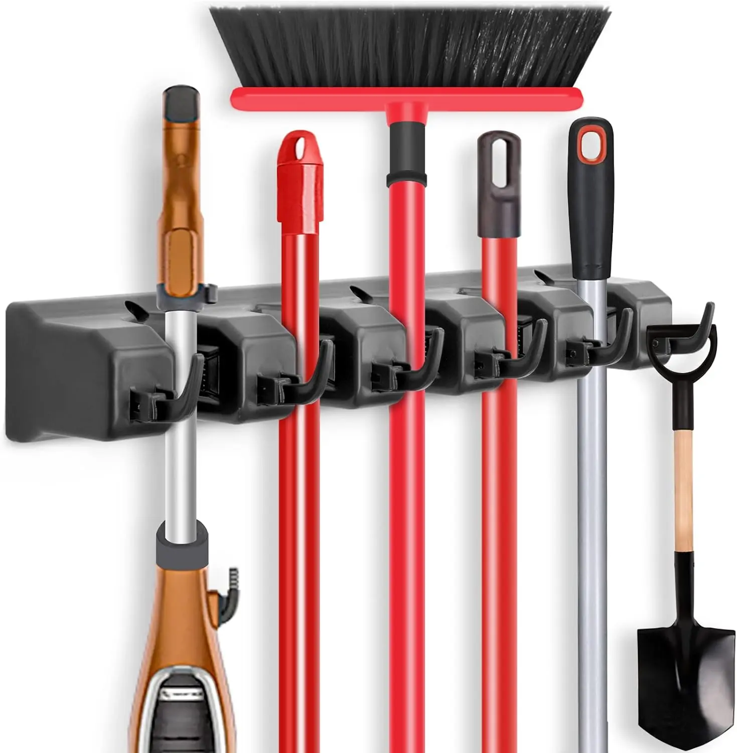 Mop and Broom Holder, Wall Mounted Organizer-Mop and broom Storage Tool Rack with 5 Ball Slots and 6 Hooks (Black)