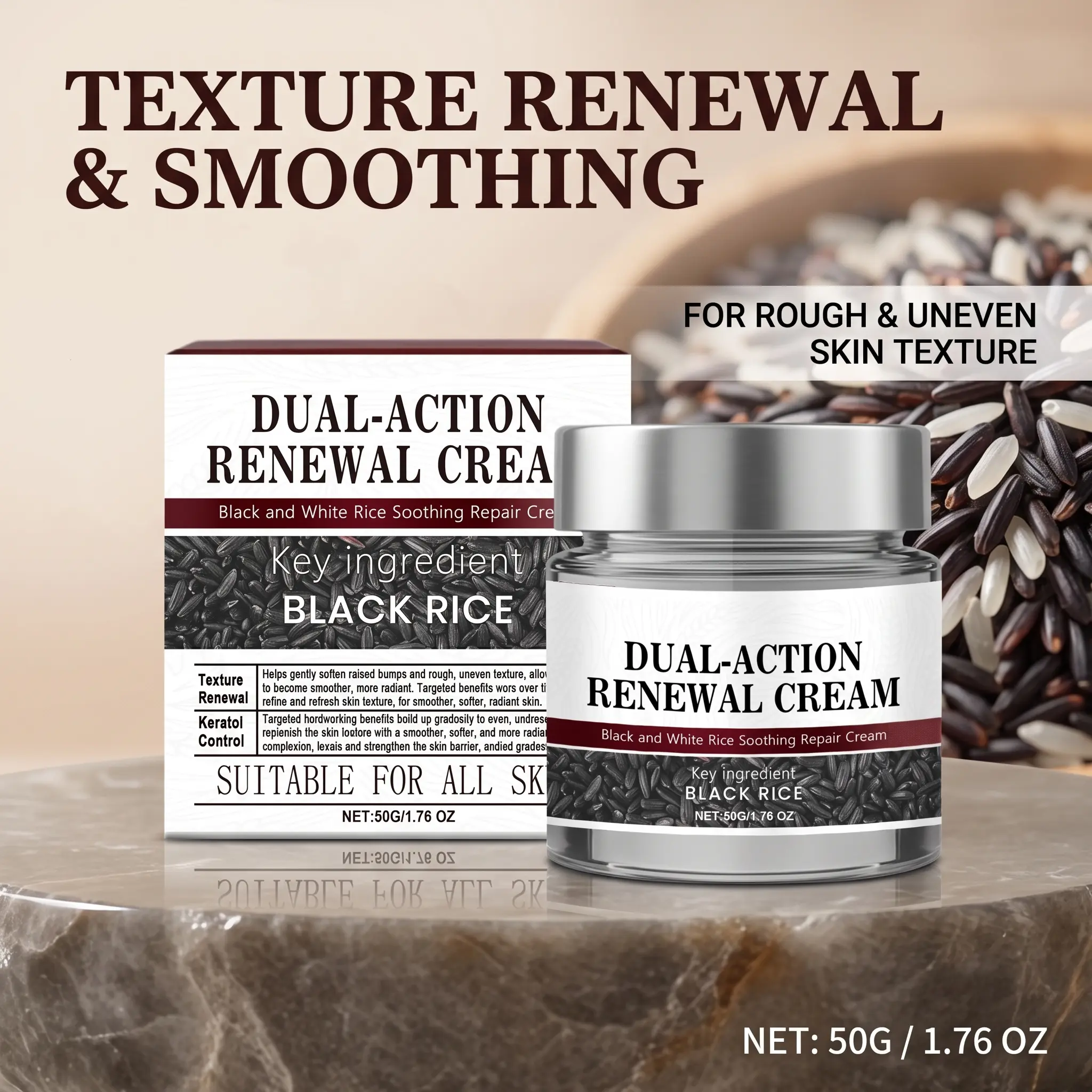 Dual-Action Renewal Cream with Black Rice Extract - Gentle, Calming Face & Body Moisturizer for Rough, Uneven Skin, Sensitive Skin Barrier Support, Hydrate for Radiance, 1.76 oz (50g), Daily, Moisture