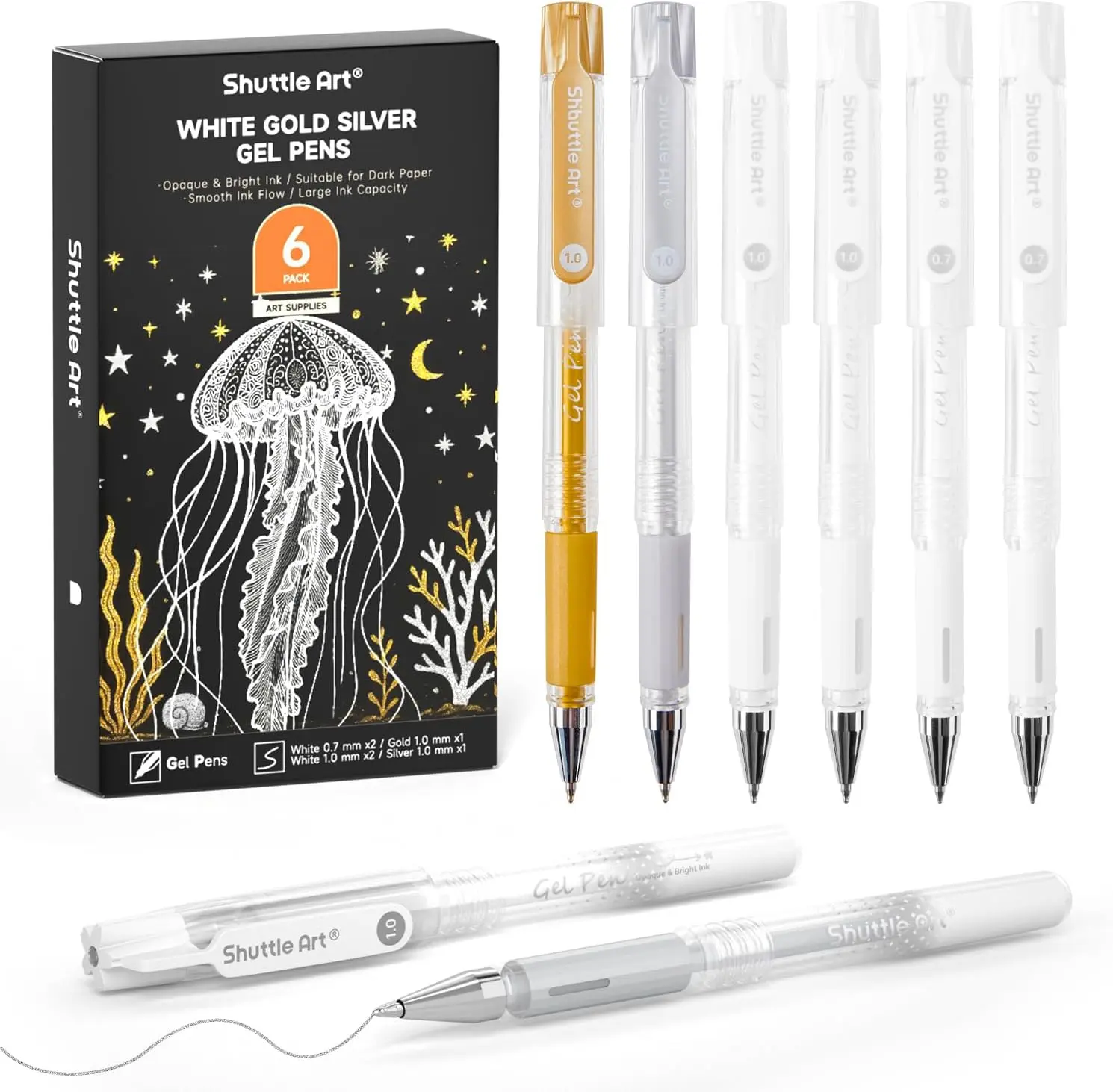 Shuttle Art Gel Pen Sets, 6-Pack White Gold Silver 0.7mm & 1.0mm Fine Tip Metallic Pens with Opaque Ink, Long-Lasting Performance, Precise Glides for Black Paper Highlighting, Card Making (Office Stationery)