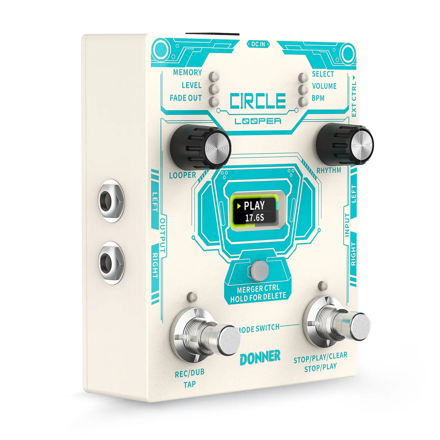 Donner Circle Looper Guitar Effects Pedal with Footswitch, 100 Drum Grooves, 160-Minute Total Capacity, 4-Minute Recording, Accurate Timing, Bright Screen, 40 Memory Slots, USB Support, Time Display, 2 Mono Audio Input-Output Jacks, Effect Pedals