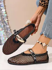 Women's Mesh Ballet Flats, Round Toe Breathable Shoes, Metal Buckle Mary Jane Style, Comfortable Casual Office Wear, Spring Dance Shoes, Classic, Netted Ballet Flats