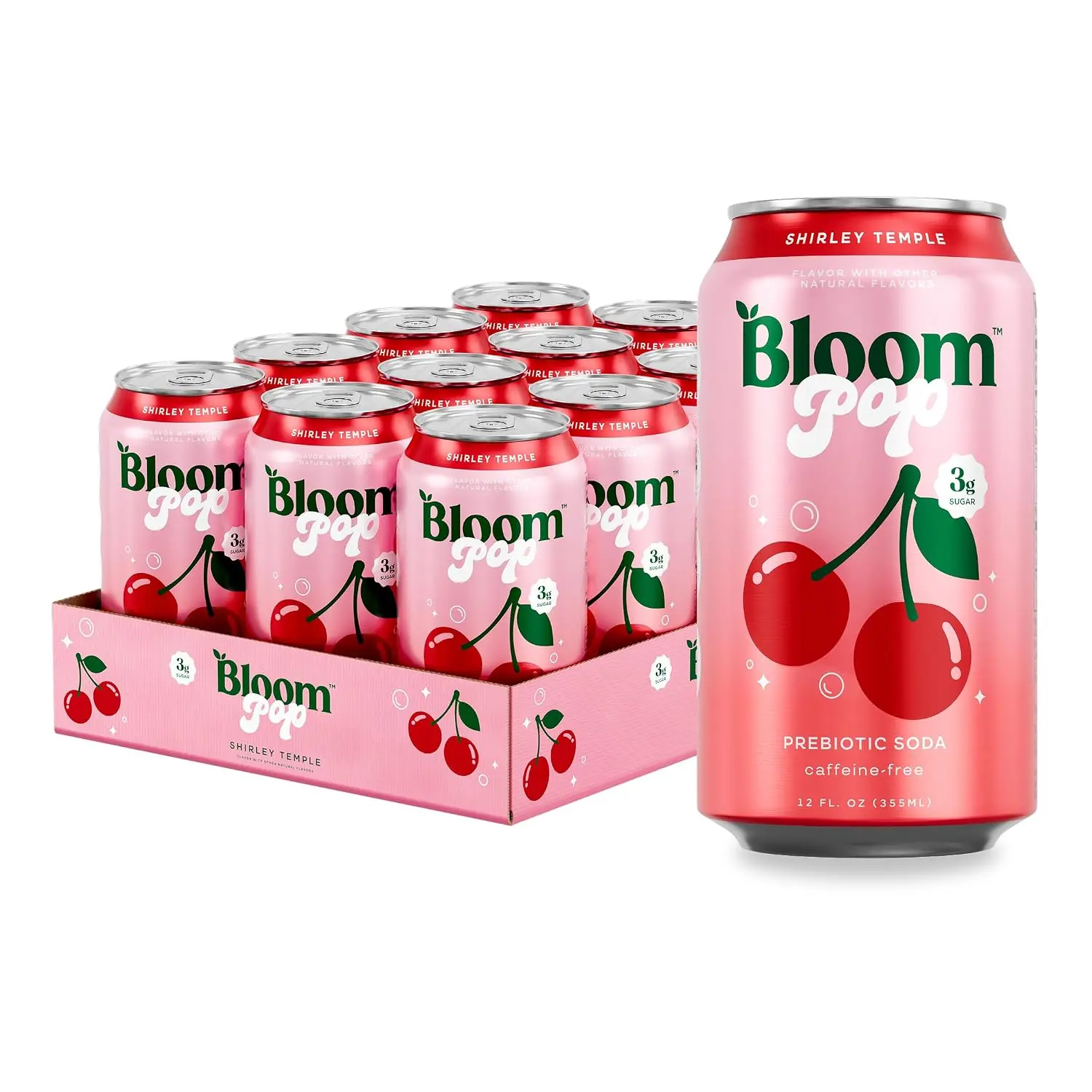 Bloom Pop Prebiotic Soda Shirley Temple Flavor, 12 Pack 12oz Cans, Prebiotic Sparkling Soda, Digestive Wellness Support, Metabolism Support, Low Sugar Soft Drink Alternative, Refreshing Functional Beverage