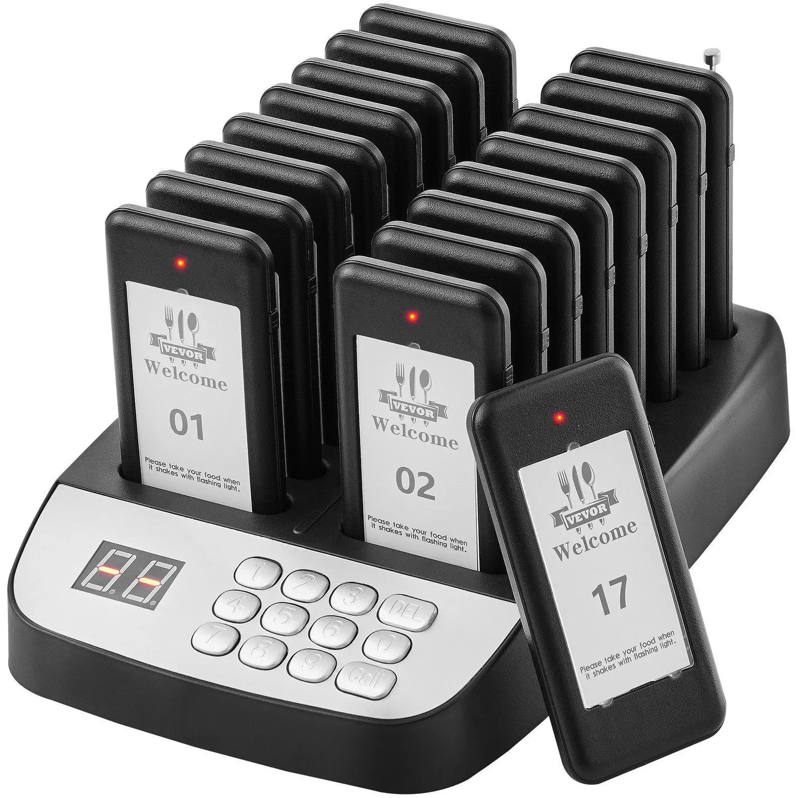 【Summerfinds】VEVOR Restaurant Pager System, Wireless 500m Long Range Lineup Waiting Queue Signal, Guest Customer Calling Beepers with Vibration & Flashing, 16 Buzzers for Food Truck, Church, Nursery, Hospital