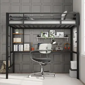 Twin Size Loft Bed with Large Desk and Storage Shelves Loft Bed with Stairs  Safety Guardrail for Kids Adults Space Saving for Living Room Bedroom Black and Brown