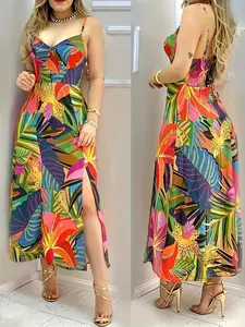 Women's Elegant Chic Vacation Tropical Print Backless Ruched Waist Long Dress, Summer Casual Fashion, Perfect for Beach and Travel