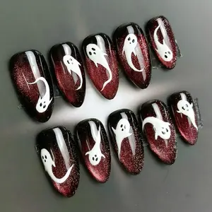 Halloween Ghost Press On Nails | Red Cat Eye Glitter Stiletto Fake Nail Set for Holiday, Vacation, Birthday