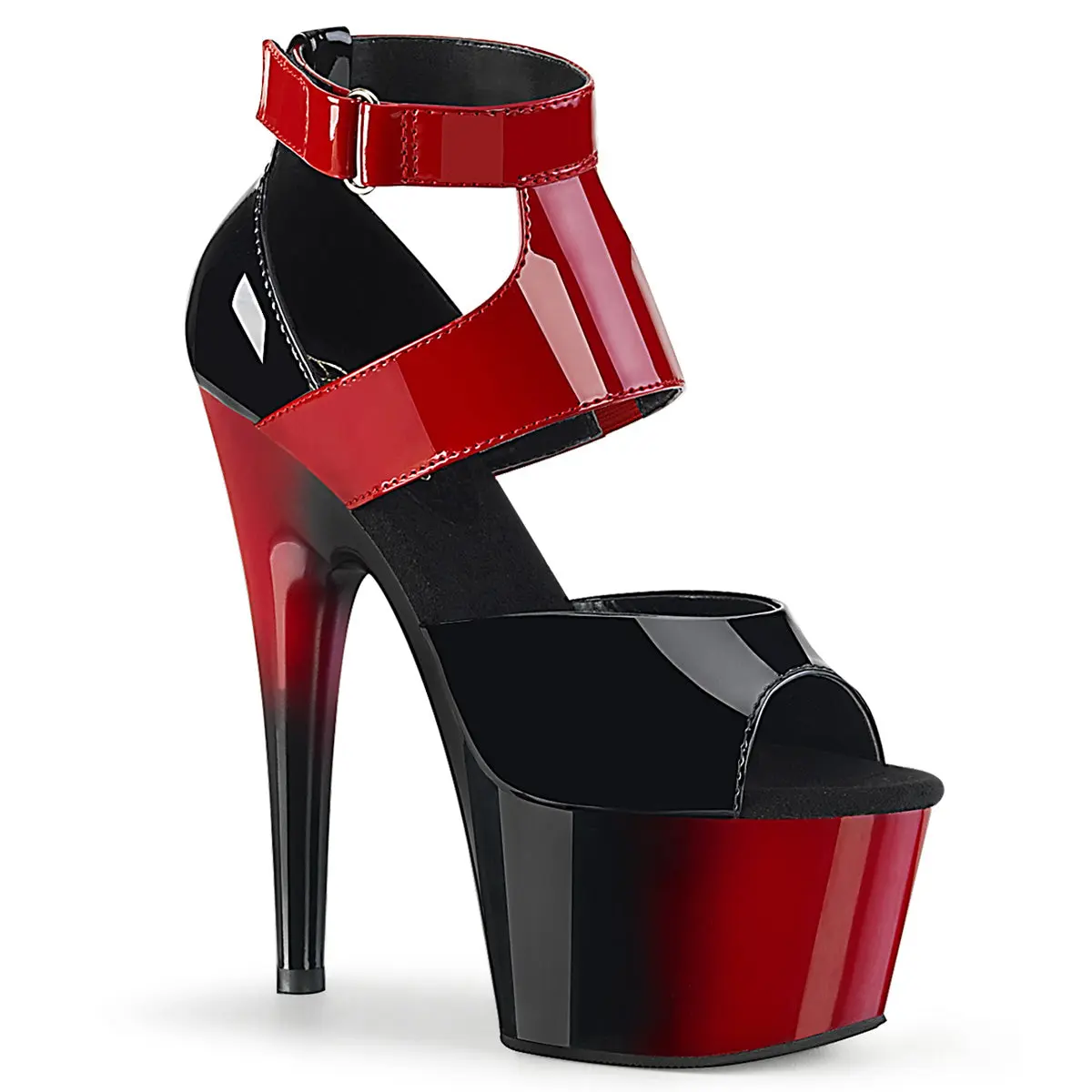 Pleaser Adore-700-16 Women's 7in High Heel Stylish Fashion Footwear - Red/Black 2-Tone Classy Shoe with Ankle Strap, Platform, Close Back, Hook-and-Loop Closure