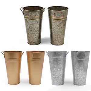 Galvanized Bucket Pot Vases with PVC Liners - 9 Tall - Set of 2 - Rustic Planters for Fresh or Faux Florals