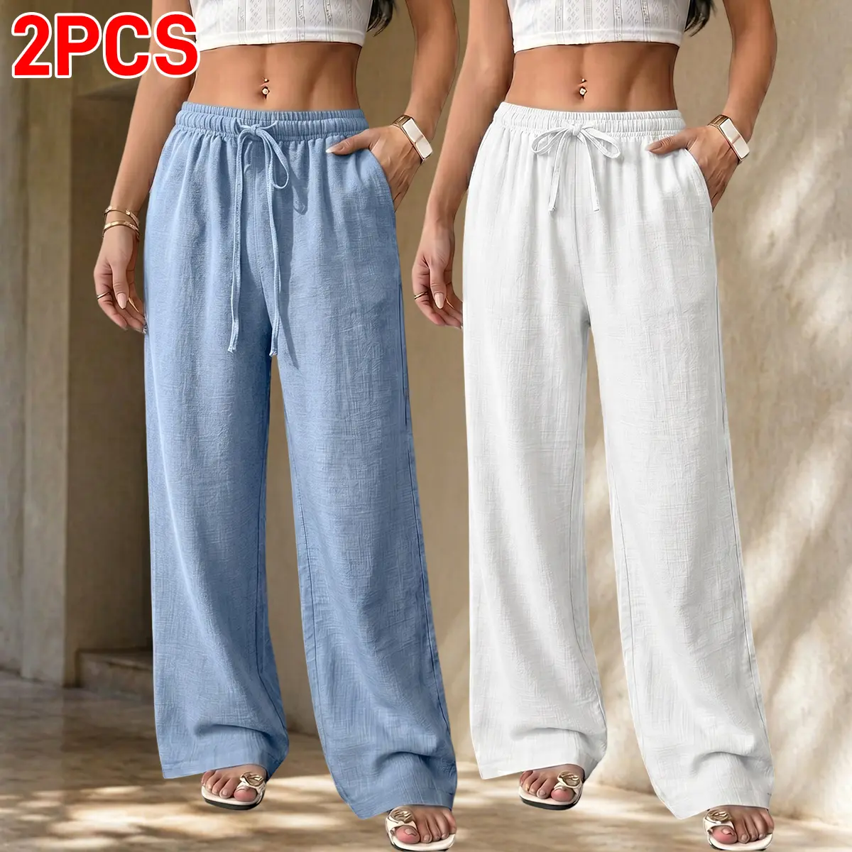 Women's 2-Pack Comfy Outdoor Pants, Solid Straight Leg Woven Polyester with Drawstring Waist and Pockets, Pants For Women, Women's Clothes, Comfy Pants
