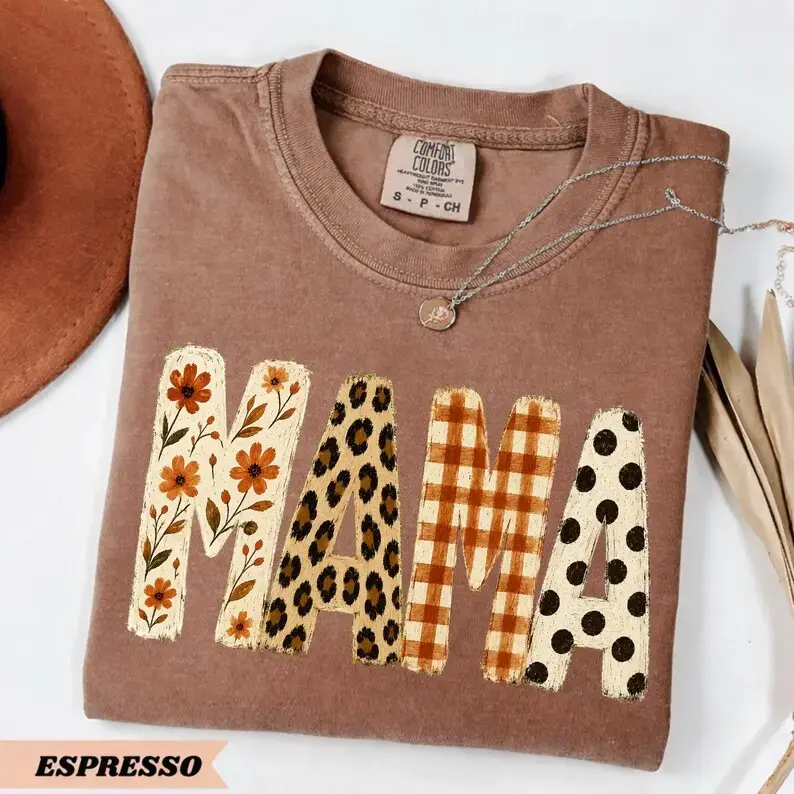 Comfort Colors MAMA Shirt, Fall Floral Leopard Mama Tee, Patchwork Pumpkin Season Graphic T-Shirt, Cute Autumn Mom Shirt, Thanksgiving Gift for Mom