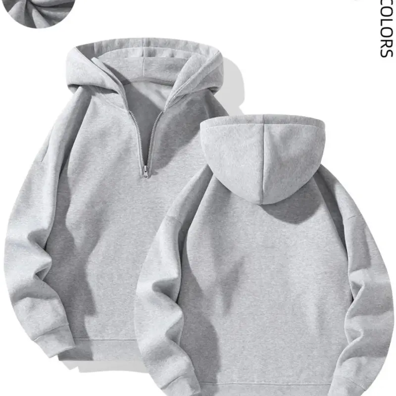 Men's Plain Half Zip Drop Shoulder Essentials Hoodie, Regular Fit Fitted Casual Comfy Fit Long Sleeve Hooded Sweatshirt for Fall & Winter, Men's Clothes for Daily Wear