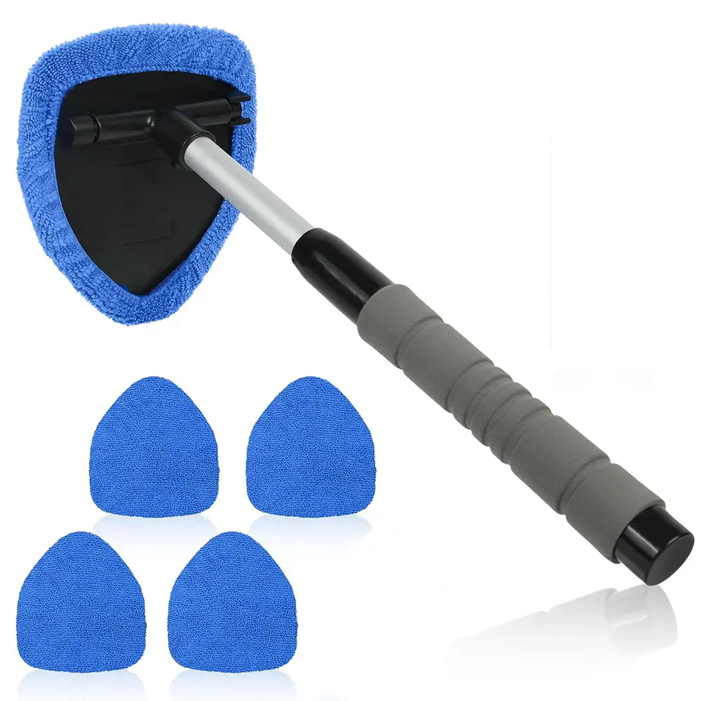 Extensible handle windshield cleaning tool, rain repellent cleaning kit for both inside and outside car windows, 4 reusable ultra-fine fiber pads, suitable for cars, homes, offices (blue/green/red/purple/grey), Abs, Cleaning Brush + 4 Cloth Covers