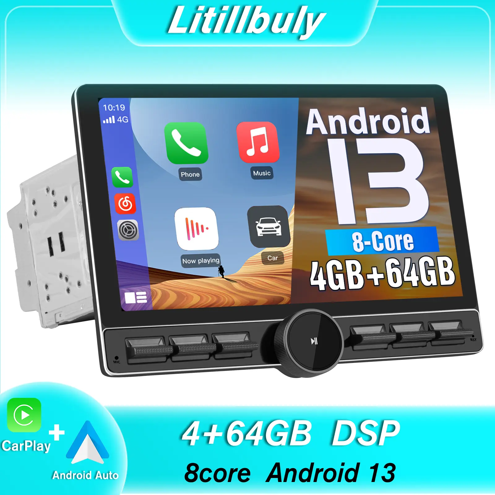 10.6" Android 13 4GB+64GB Car Radio Stereo with Double-DIN Rotatable Touchscreen, Bluetooth/4G/GPS/FM/AMRadio Receiver, Wireless CarPlay & Android Auto