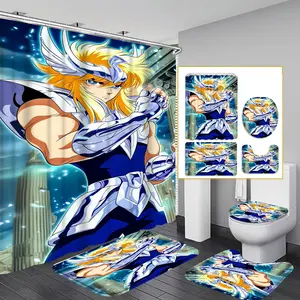Saint Seiya Pattern Colorful Shower Curtain Set, Modern Home Bathroom Art Decor, Includes 12 Hooks, Non-Slip Toilet Mat & U-Shaped Seat Cover