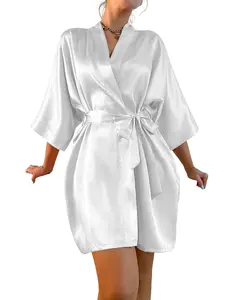 Women's Elegant Solid Color Belted Bathrobe, Fall Winter Sleepwear, Perfect for Bridesmaids and Home Use, Casual Fitted Design