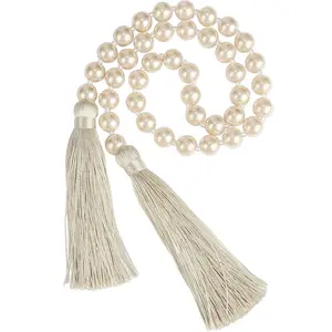 34 Inch Pearl Glass Bead Garland with Tassels - Elegant Boho Table Decor, Fringe Wall Hanging for Wedding, Party, Farmhouse Rustic Prayer Bead Home Decoration(1 Pack,Off White)