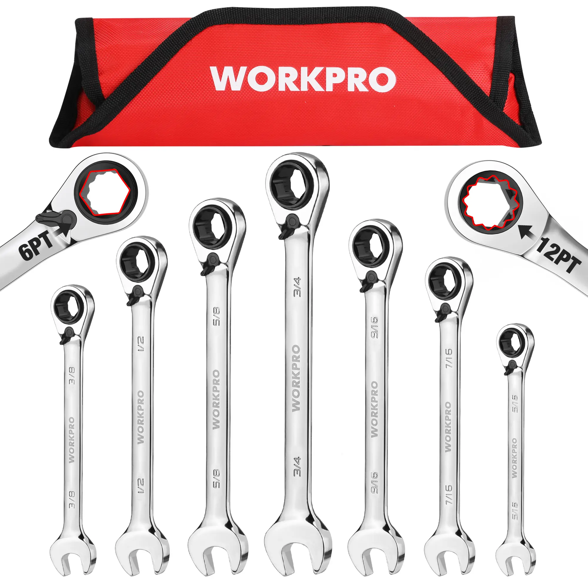 #fathersdaygift WORKPRO 7-Count 3-in-1 Reversible Ratchet Wrench Set,  6Pt& 12Pt& Open-End Wrenches, 72-Teeth Ratcheting Combination Wrench with Rolling Pouch
