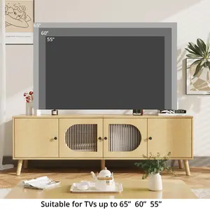 VOWNER TV Stand for 55/60/65 inches TV, Wood Media TV Cabinet with Glass Doors, Entertainment Center with Storage for Living Room, Bedroom, Oak