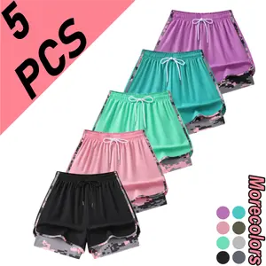 Summer unisex faux two-piece double-layer athletic shorts, 5-pack; quick-drying, breathable, anti-exposure design; camouflage piping and curved hem; versatile for fitness, running, yoga, and multiple wear occasions. fathersdaygift