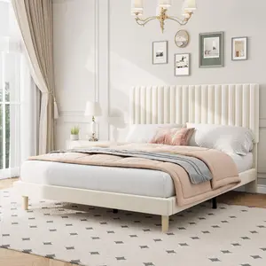 Gaomon Adjustable Queen Bed Frame, Velvet Upholstered Queen-Size Platform Bed with Adjustable Headboard, Vertical Channel Tufted, Strong Wooden Slats, No Box Spring Needed, Easy Assembly, Beige, Adjustable Bed Frame